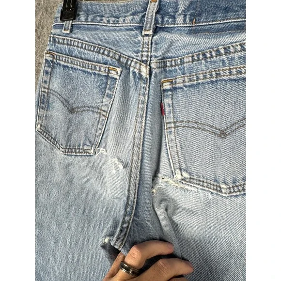 VINTAGE Levis 701 Jeans Womens 26 x 29 Blue Distressed Holes Made USA COOL! - Picture 7 of 14